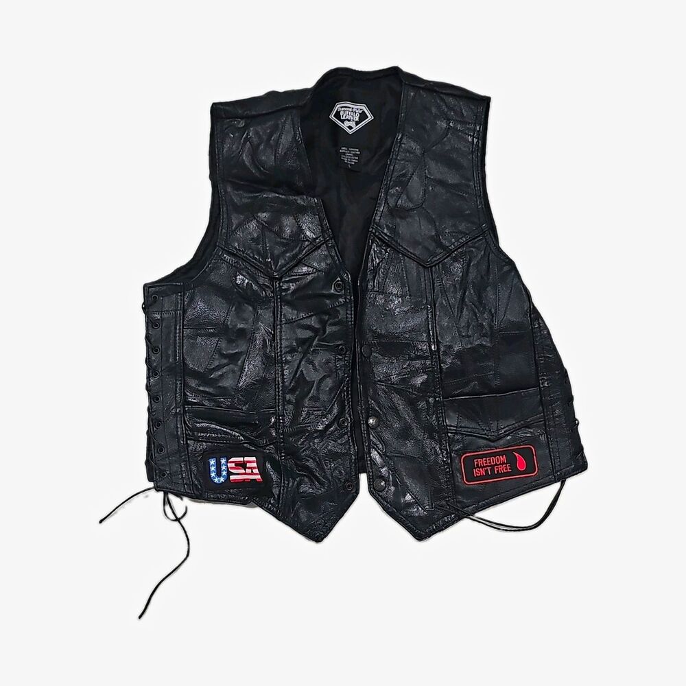 Diamond Plate Buffalo Leather Biker Vest Mens L Patch Lace Side Motorcycle
